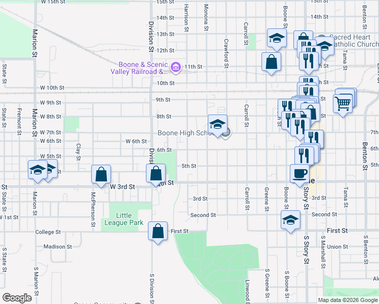 map of restaurants, bars, coffee shops, grocery stores, and more near 302 West 6th Street in Boone