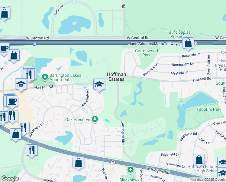 map of restaurants, bars, coffee shops, grocery stores, and more near 1944 Huntington Boulevard in Hoffman Estates