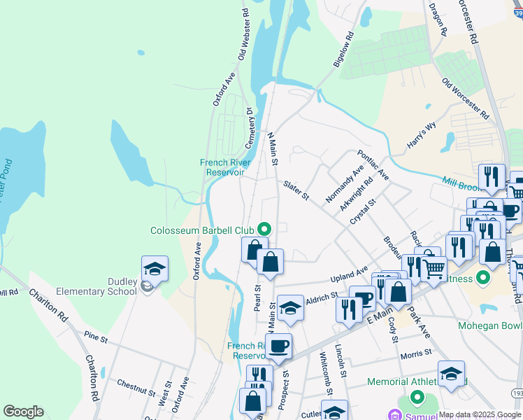 map of restaurants, bars, coffee shops, grocery stores, and more near 32 Market Street in Webster
