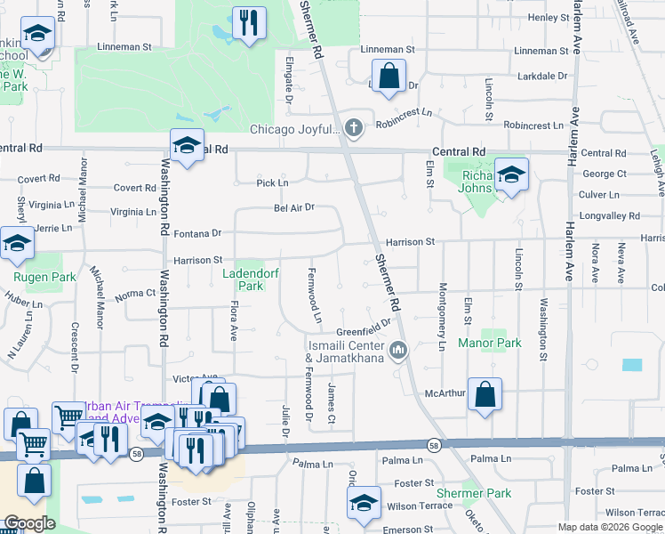 map of restaurants, bars, coffee shops, grocery stores, and more near 324 Bel Air Drive in Glenview