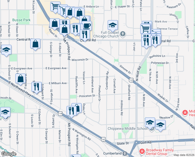 map of restaurants, bars, coffee shops, grocery stores, and more near 494 Pinehurst Drive in Des Plaines