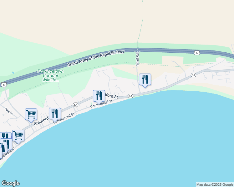 map of restaurants, bars, coffee shops, grocery stores, and more near 350 Bradford Street in Provincetown