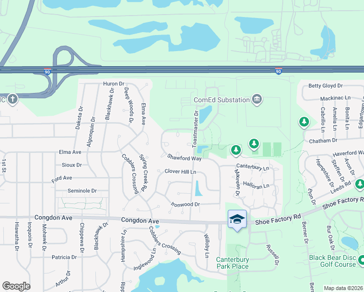 map of restaurants, bars, coffee shops, grocery stores, and more near 1320 Brunswick Court in Elgin