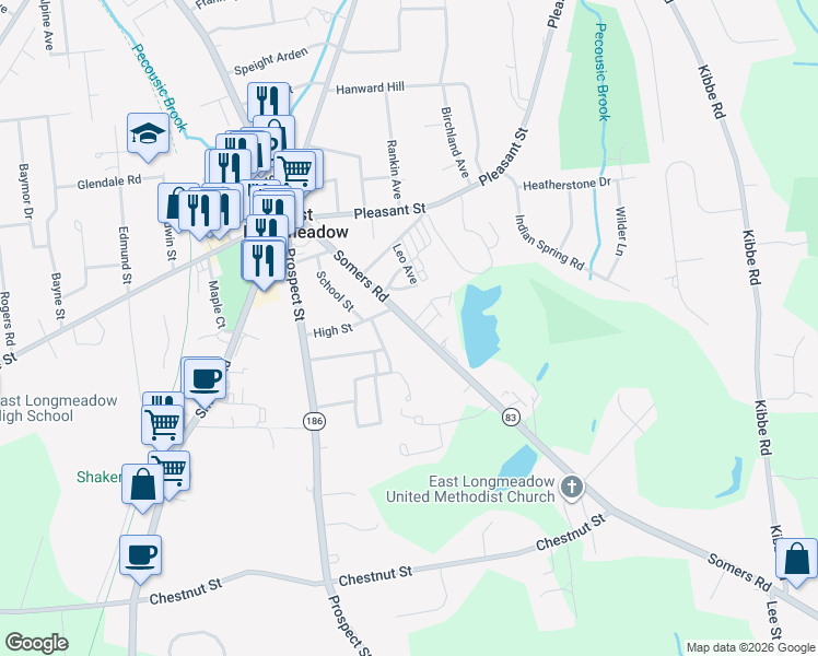map of restaurants, bars, coffee shops, grocery stores, and more near 81 Somers Road in East Longmeadow