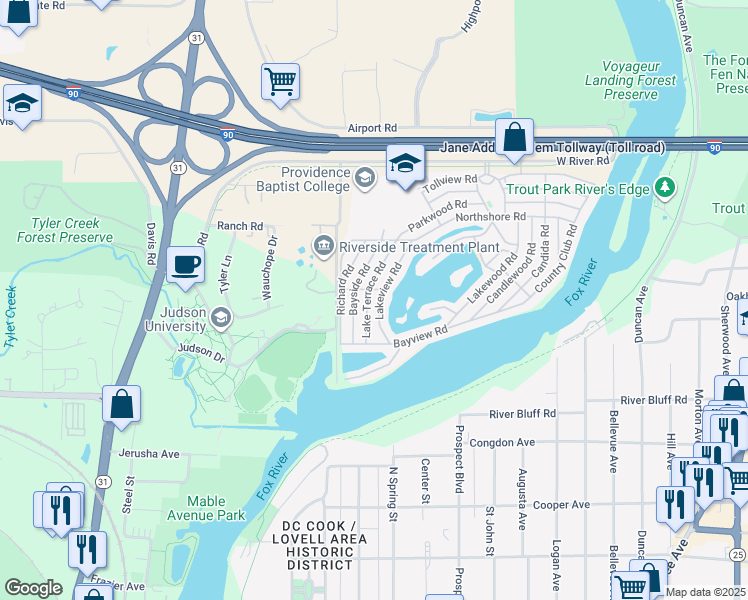 map of restaurants, bars, coffee shops, grocery stores, and more near 30 Lake Terrace Road in Elgin