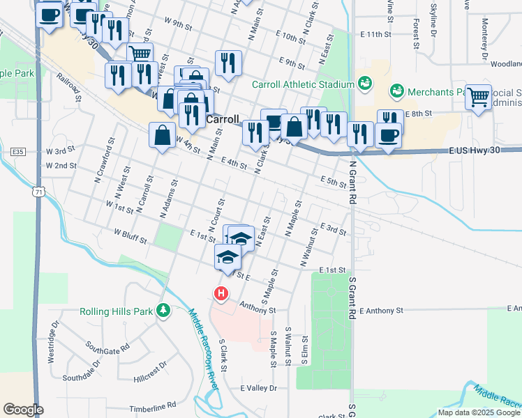 map of restaurants, bars, coffee shops, grocery stores, and more near 318 E 3rd St in Carroll