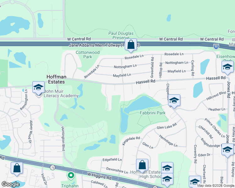 map of restaurants, bars, coffee shops, grocery stores, and more near 1419 Hassell Place in Hoffman Estates