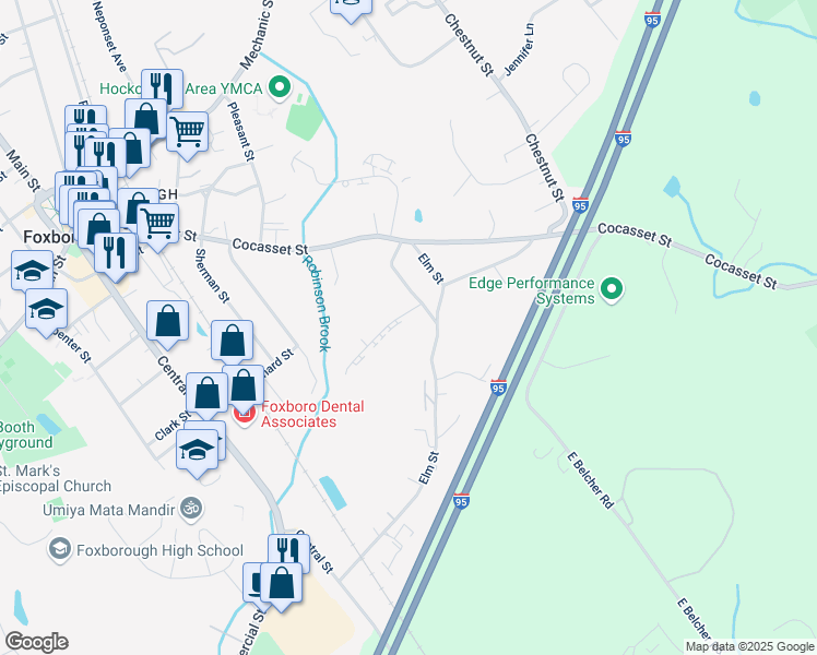 map of restaurants, bars, coffee shops, grocery stores, and more near 2 Hillcrest Road in Foxborough
