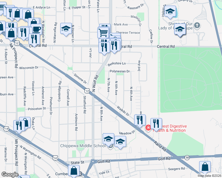 map of restaurants, bars, coffee shops, grocery stores, and more near 499 North 7th Avenue in Des Plaines
