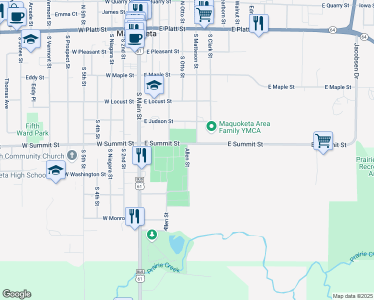 map of restaurants, bars, coffee shops, grocery stores, and more near 115 Allen Street in Maquoketa