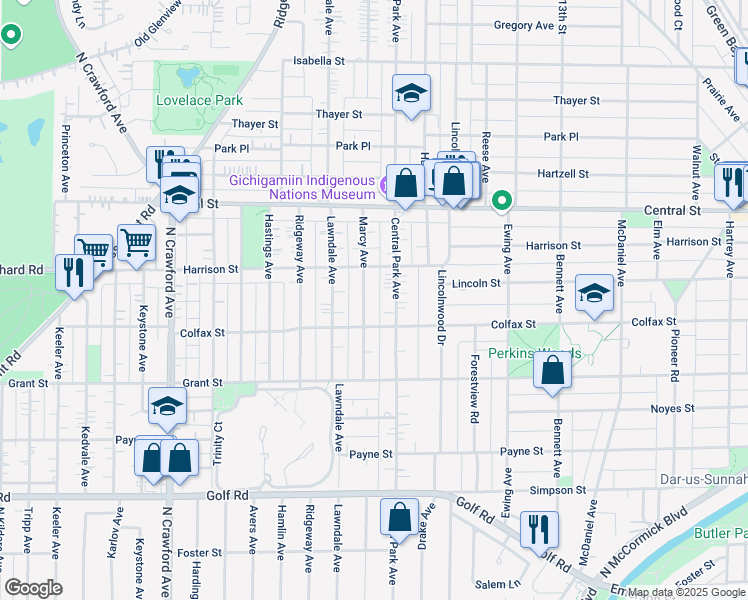 map of restaurants, bars, coffee shops, grocery stores, and more near 2421 Marcy Avenue in Evanston