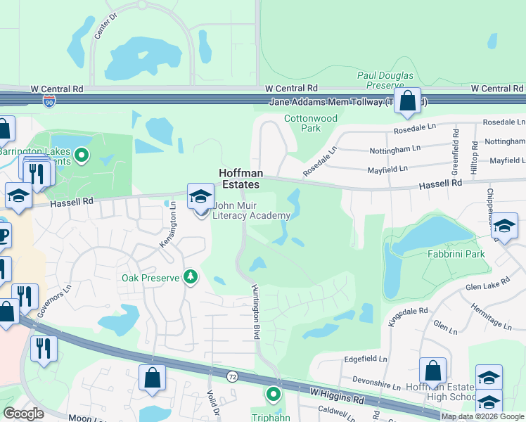 map of restaurants, bars, coffee shops, grocery stores, and more near 2901 Huntington Boulevard in Hoffman Estates