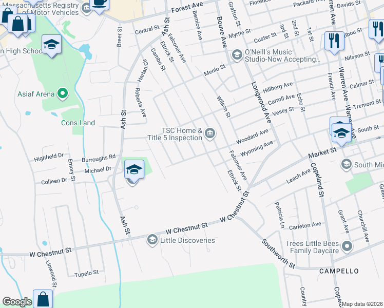 map of restaurants, bars, coffee shops, grocery stores, and more near 200 Magoun Avenue in Brockton