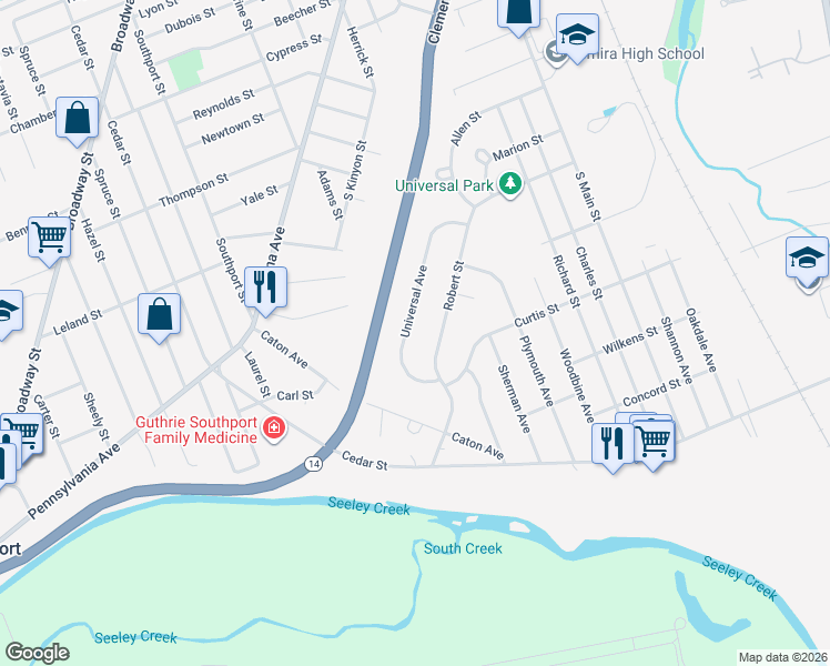 map of restaurants, bars, coffee shops, grocery stores, and more near 283 Universal Avenue in Elmira