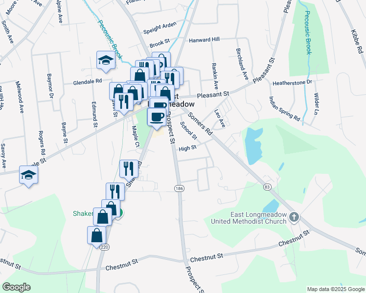 map of restaurants, bars, coffee shops, grocery stores, and more near 37 High Street in East Longmeadow