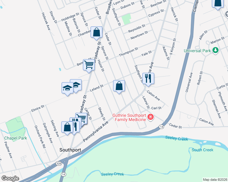map of restaurants, bars, coffee shops, grocery stores, and more near 913 Hazel St in Elmira