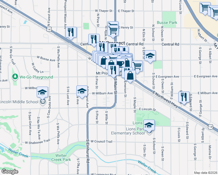 map of restaurants, bars, coffee shops, grocery stores, and more near 215 South Wille Street in Mount Prospect
