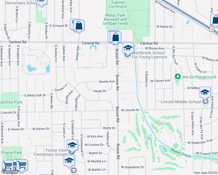 map of restaurants, bars, coffee shops, grocery stores, and more near 1706 Verde Drive in Mount Prospect