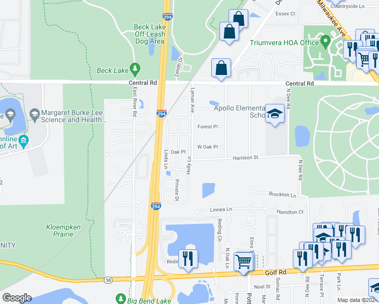 map of restaurants, bars, coffee shops, grocery stores, and more near Holly Lane in Des Plaines