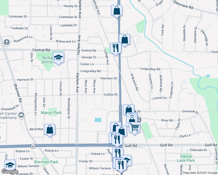 map of restaurants, bars, coffee shops, grocery stores, and more near 320 Nottingham Avenue in Glenview
