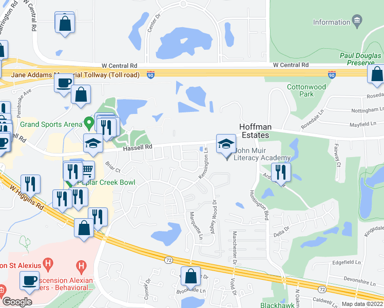 map of restaurants, bars, coffee shops, grocery stores, and more near 1985 Dunmore Place in Hoffman Estates