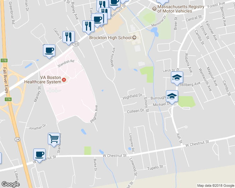 map of restaurants, bars, coffee shops, grocery stores, and more near 197 Linwood Street in Brockton