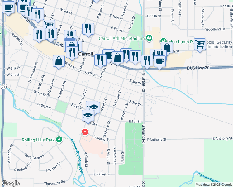map of restaurants, bars, coffee shops, grocery stores, and more near 427 E 3rd St in Carroll