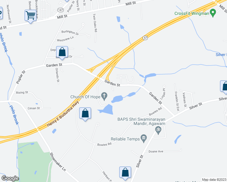 map of restaurants, bars, coffee shops, grocery stores, and more near 9 Maple View Lane in Agawam