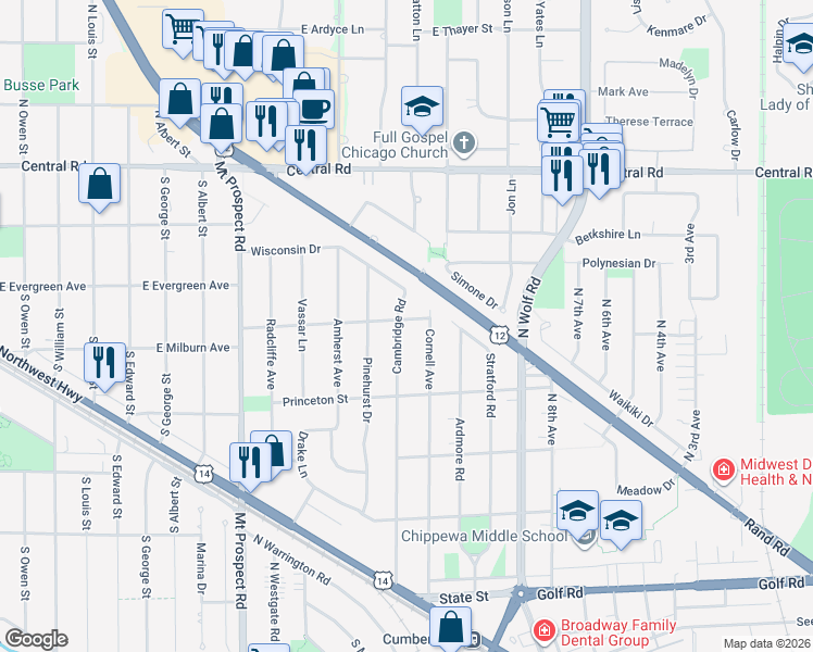 map of restaurants, bars, coffee shops, grocery stores, and more near 493 Cambridge Road in Des Plaines