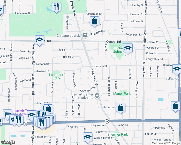 map of restaurants, bars, coffee shops, grocery stores, and more near 2301 Malik Court in Glenview
