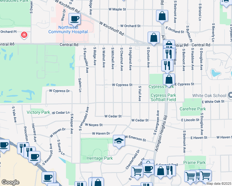 map of restaurants, bars, coffee shops, grocery stores, and more near 1243 South Mitchell Avenue in Arlington Heights