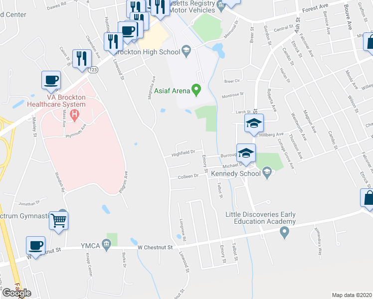 map of restaurants, bars, coffee shops, grocery stores, and more near 23 Highfield Drive in Brockton