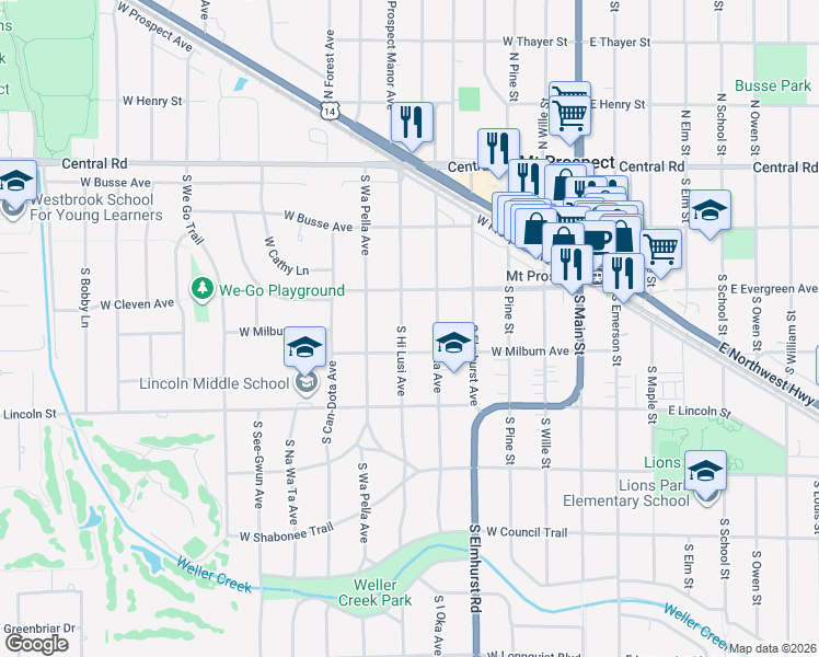 map of restaurants, bars, coffee shops, grocery stores, and more near 215 South Hi Lusi Avenue in Mount Prospect