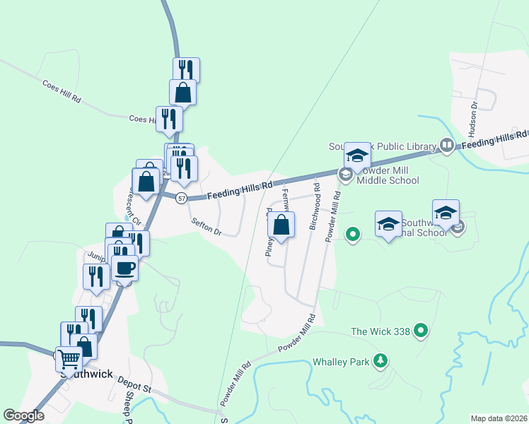 map of restaurants, bars, coffee shops, grocery stores, and more near 31 Pineywood Road in Southwick