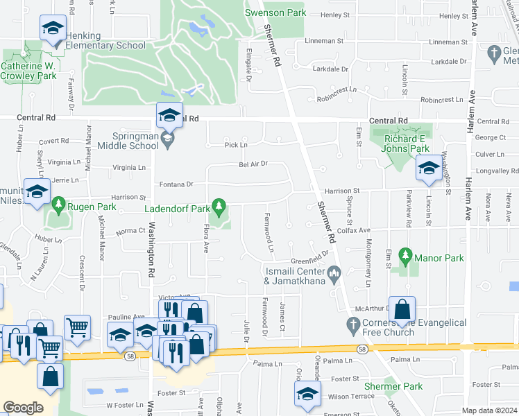 map of restaurants, bars, coffee shops, grocery stores, and more near 2441 Harrison Street in Glenview