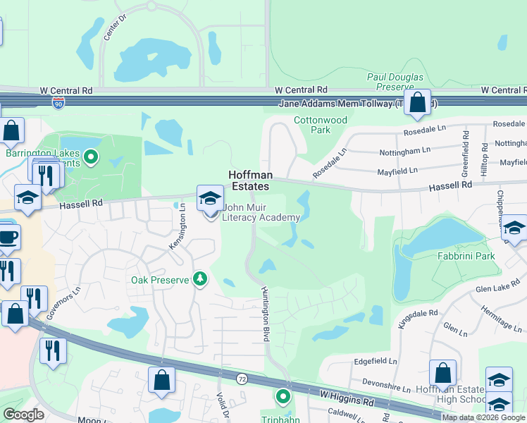 map of restaurants, bars, coffee shops, grocery stores, and more near 2901 Huntington Boulevard in Hoffman Estates