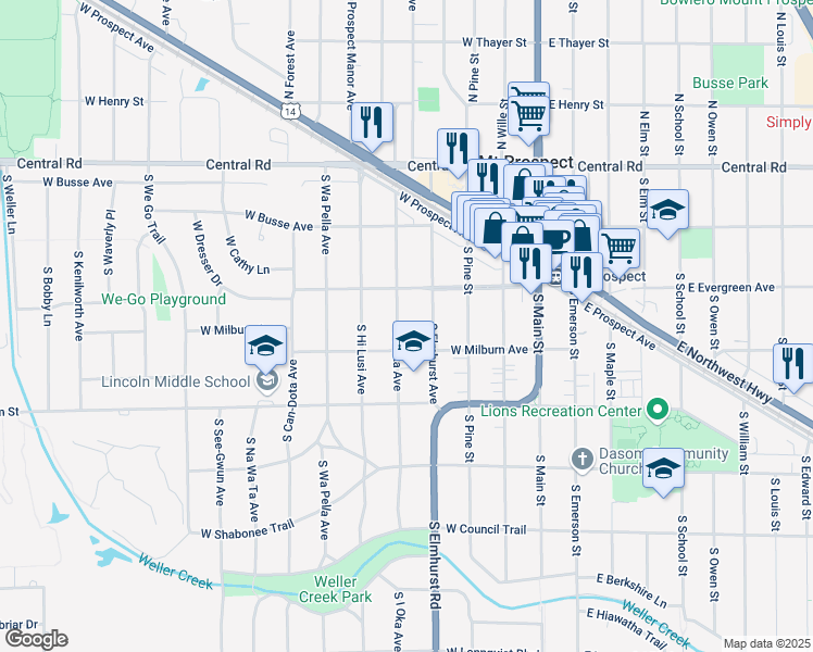 map of restaurants, bars, coffee shops, grocery stores, and more near 215 South I Oka Avenue in Mount Prospect