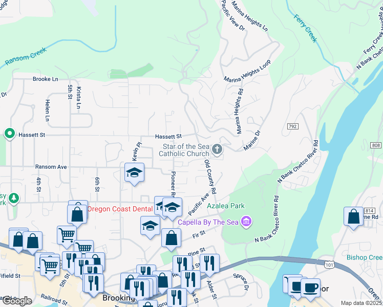 map of restaurants, bars, coffee shops, grocery stores, and more near 821 Old County Road in Brookings