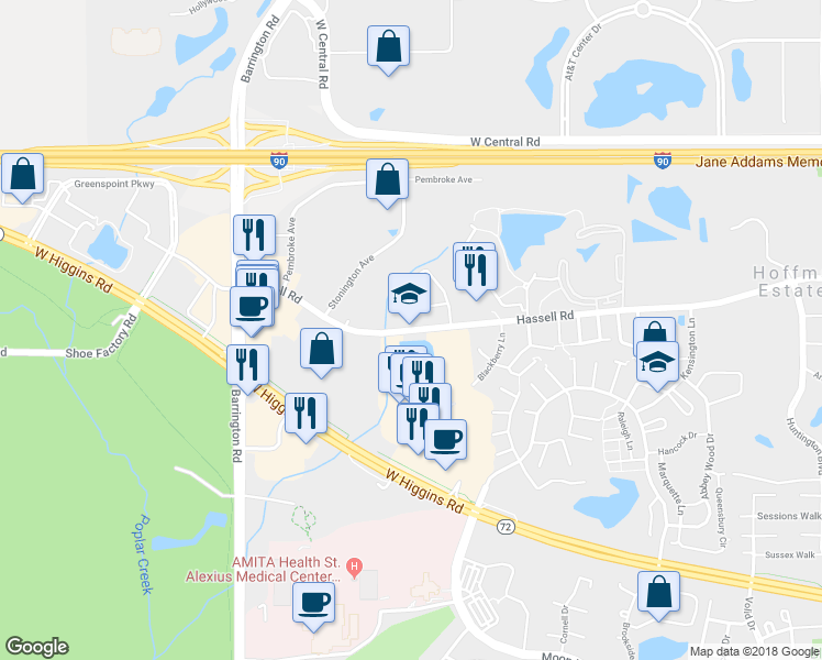 map of restaurants, bars, coffee shops, grocery stores, and more near 2357 Hassell Road in Hoffman Estates