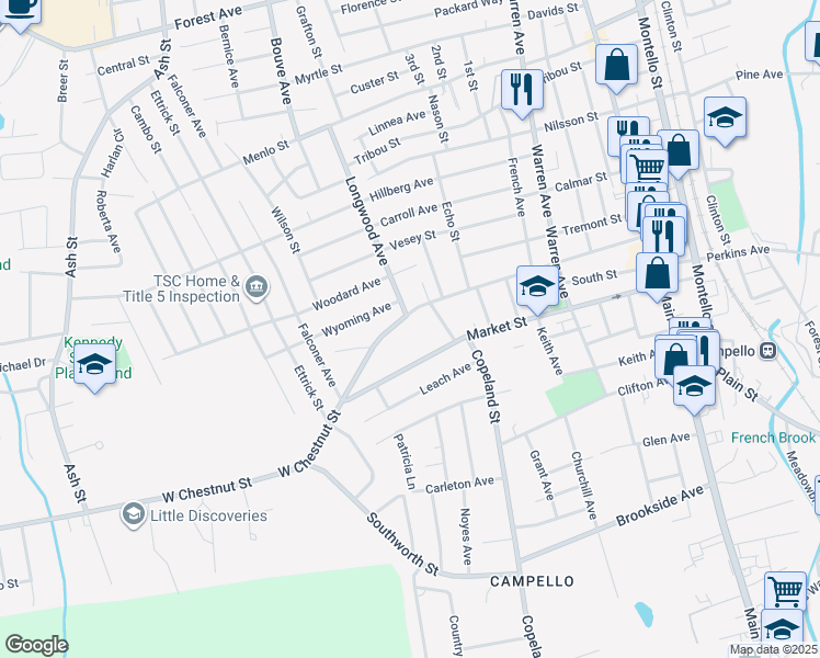 map of restaurants, bars, coffee shops, grocery stores, and more near 224 West Chestnut Street in Brockton