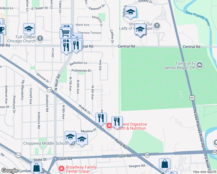 map of restaurants, bars, coffee shops, grocery stores, and more near 509 North 3rd Avenue in Des Plaines