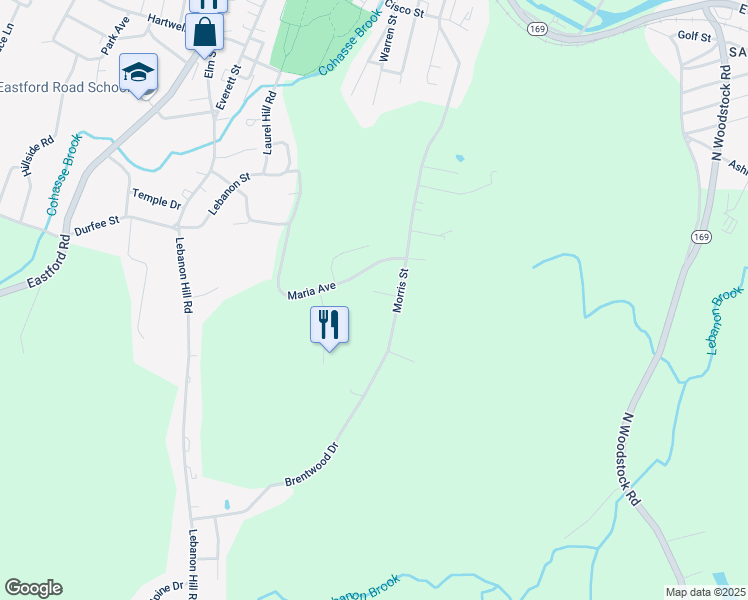 map of restaurants, bars, coffee shops, grocery stores, and more near 21 Bristol Lane in Southbridge