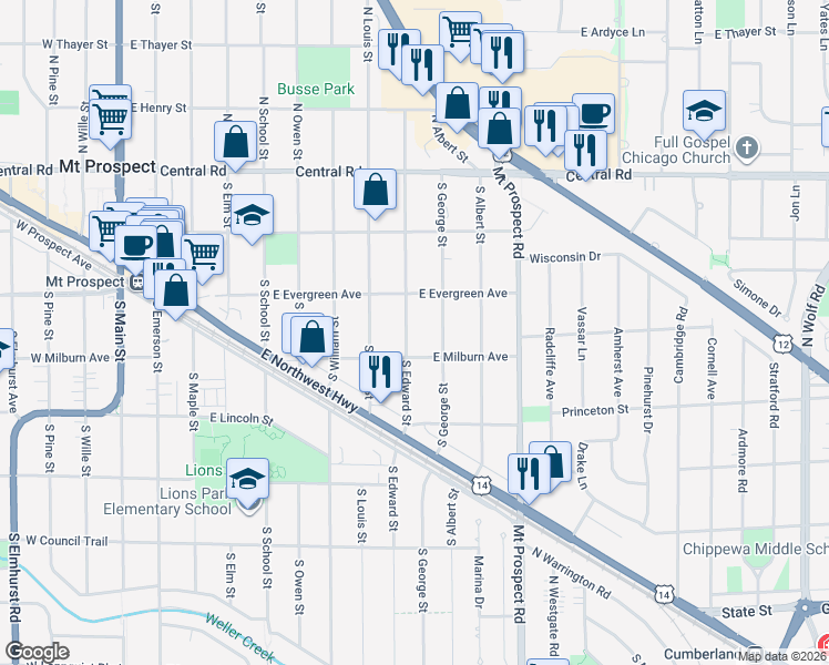 map of restaurants, bars, coffee shops, grocery stores, and more near 215 South Edward Street in Mount Prospect