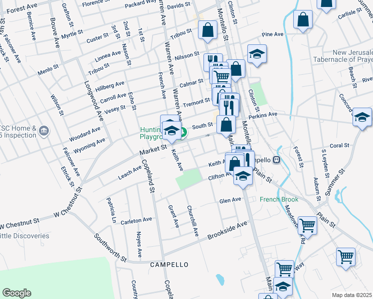 map of restaurants, bars, coffee shops, grocery stores, and more near 1125 Warren Avenue in Brockton