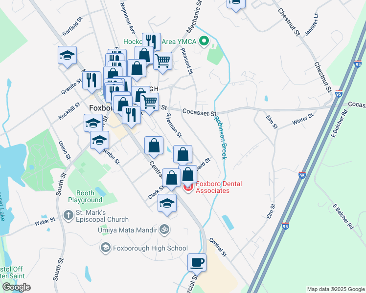 map of restaurants, bars, coffee shops, grocery stores, and more near 29 Sherman Street in Foxborough