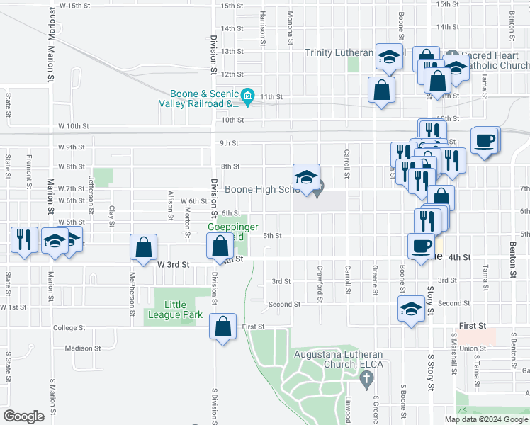 map of restaurants, bars, coffee shops, grocery stores, and more near 302 6th Street in Boone