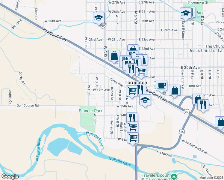 map of restaurants, bars, coffee shops, grocery stores, and more near 357 West 17th Avenue in Torrington