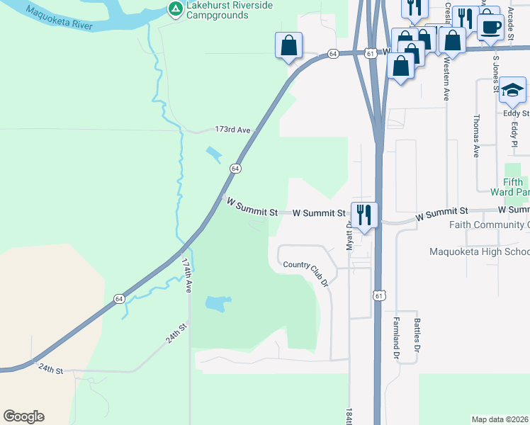 map of restaurants, bars, coffee shops, grocery stores, and more near 17933 West Summit Street in Maquoketa