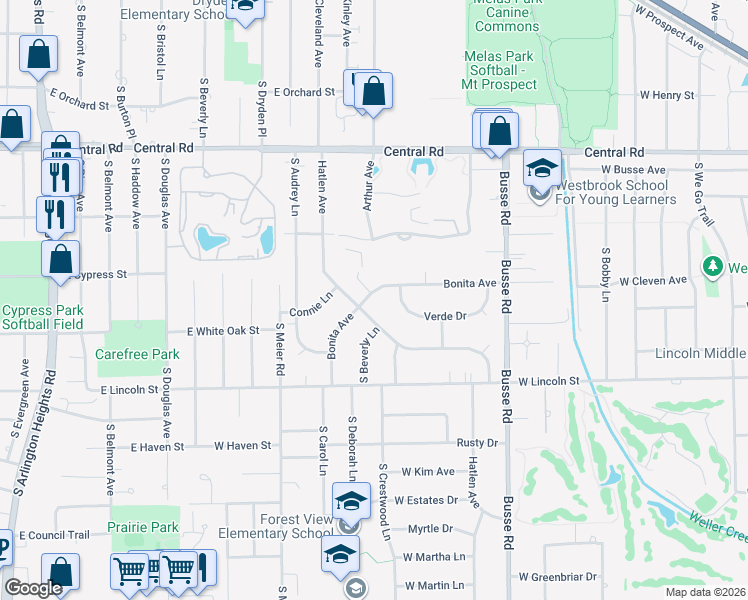 map of restaurants, bars, coffee shops, grocery stores, and more near 1815 Bonita Avenue in Mount Prospect