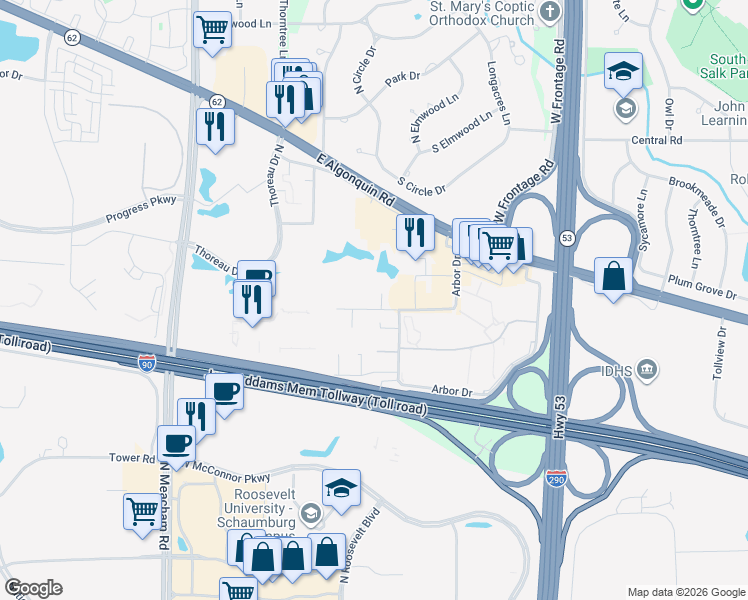 map of restaurants, bars, coffee shops, grocery stores, and more near 1806 Hemlock Place in Schaumburg